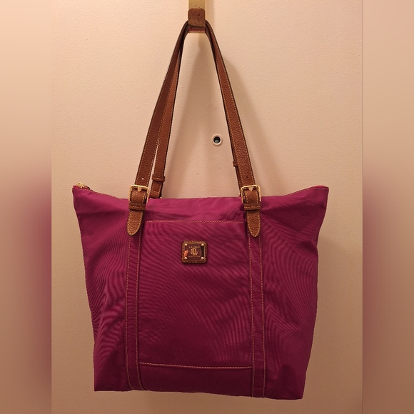 Ralph Lauren Purple Magenta Nylon Tote Shoulder Bag With Brown Straps - Picture 5 of 10